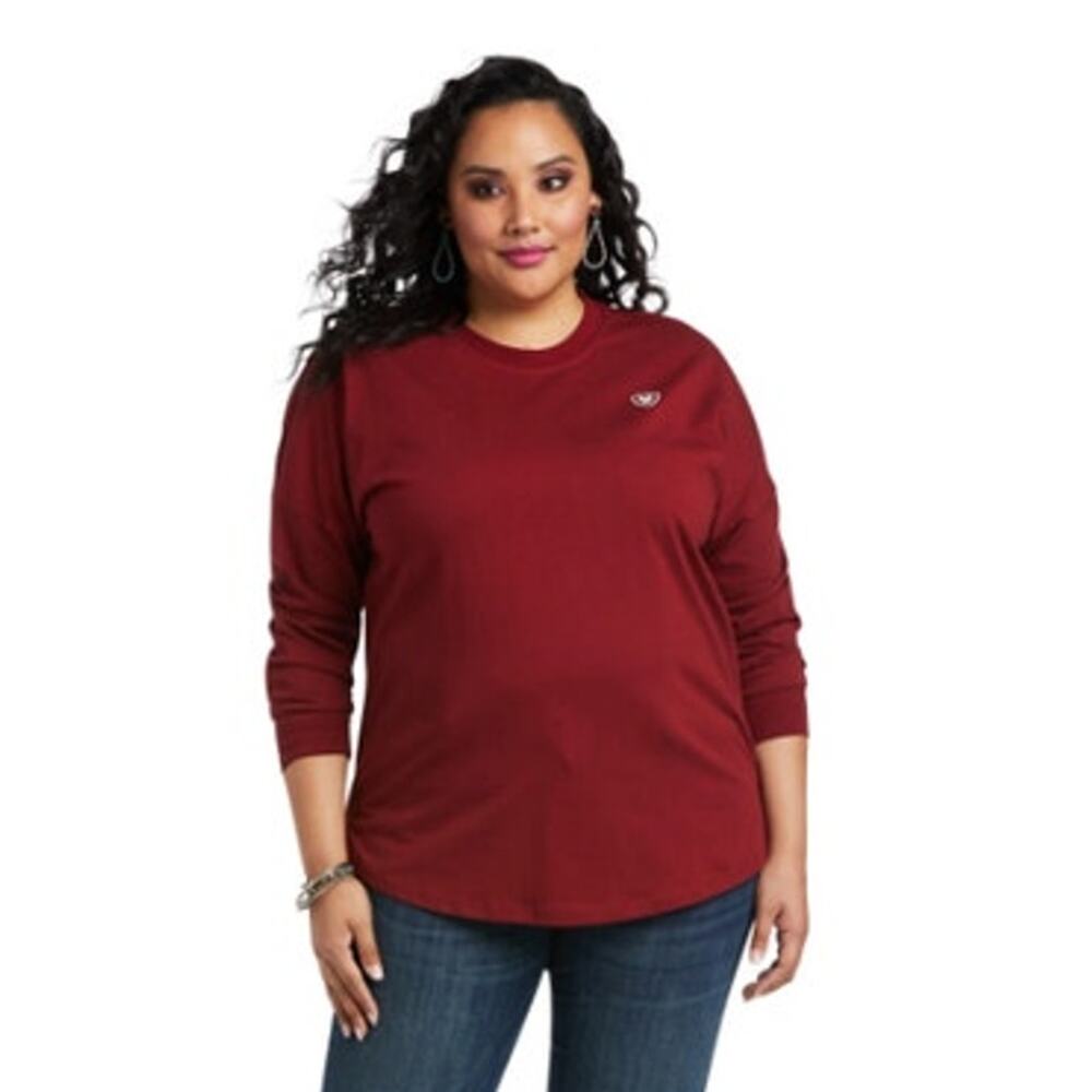 Ariat R.E.A.L Oversized Long Sleeve Rhubarb Red T-Shirt Women's‎ Size XL